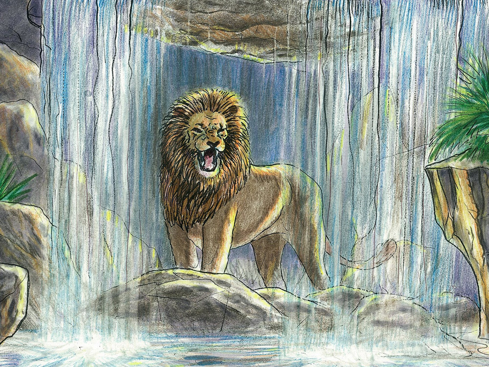 Lion in Waterfall